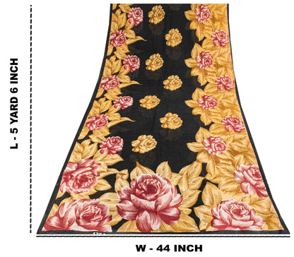 Sanskriti Vintage Saree Black Pure Cotton Digital Print Floral Sari 5+YD Fabric