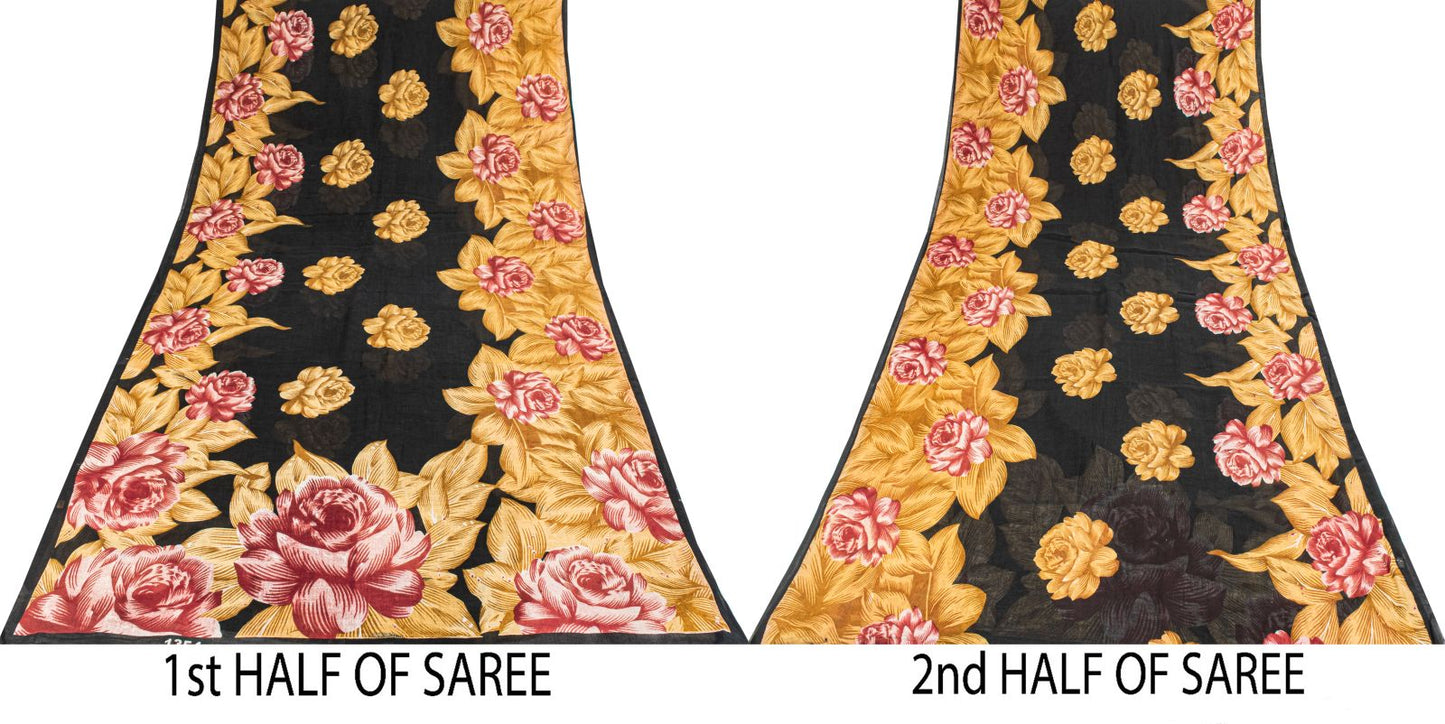 Sanskriti Vintage Saree Black Pure Cotton Digital Print Floral Sari 5+YD Fabric