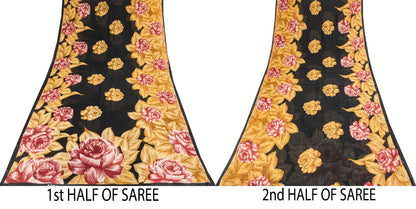 Sanskriti Vintage Saree Black Pure Cotton Digital Print Floral Sari 5+YD Fabric