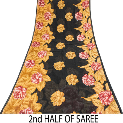 Sanskriti Vintage Saree Black Pure Cotton Digital Print Floral Sari 5+YD Fabric