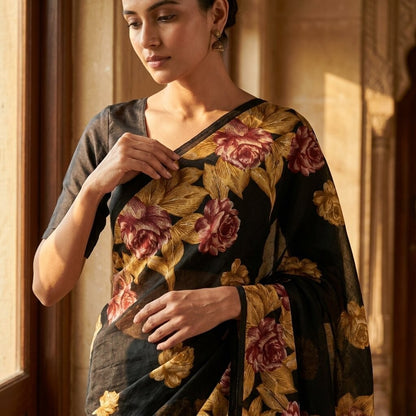 Sanskriti Vintage Saree Black Pure Cotton Digital Print Floral Sari 5+YD Fabric