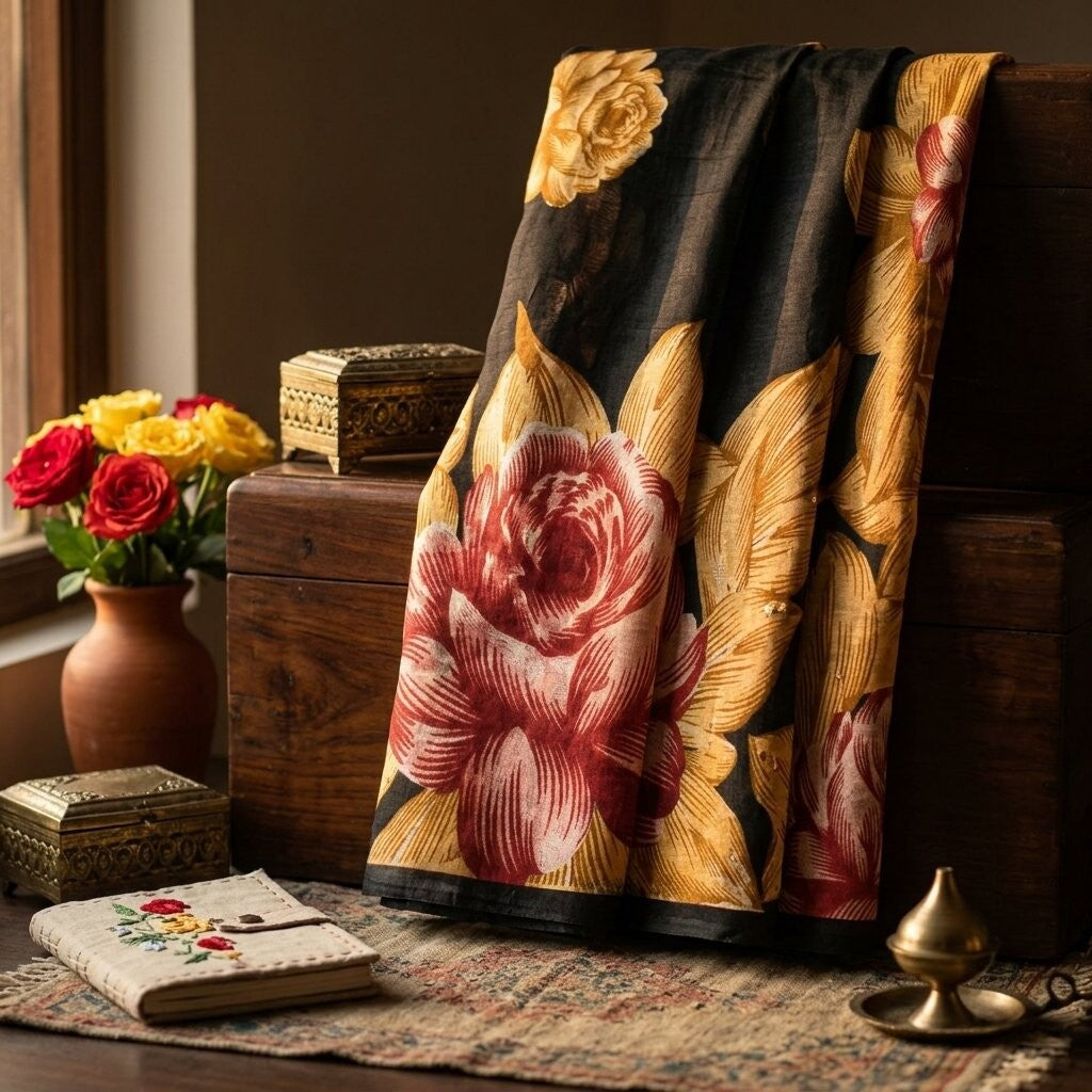 Sanskriti Vintage Saree Black Pure Cotton Digital Print Floral Sari 5+YD Fabric