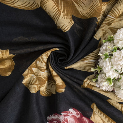 Sanskriti Vintage Saree Black Pure Cotton Digital Print Floral Sari 5+YD Fabric