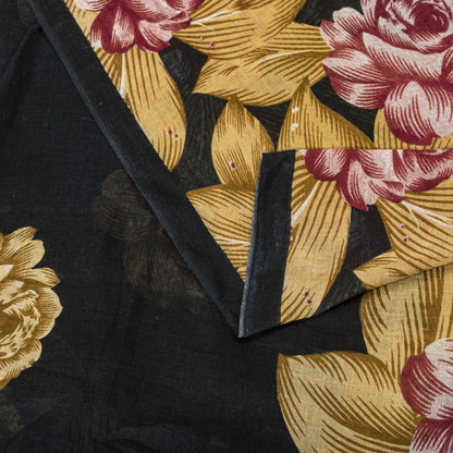 Sanskriti Vintage Saree Black Pure Cotton Digital Print Floral Sari 5+YD Fabric