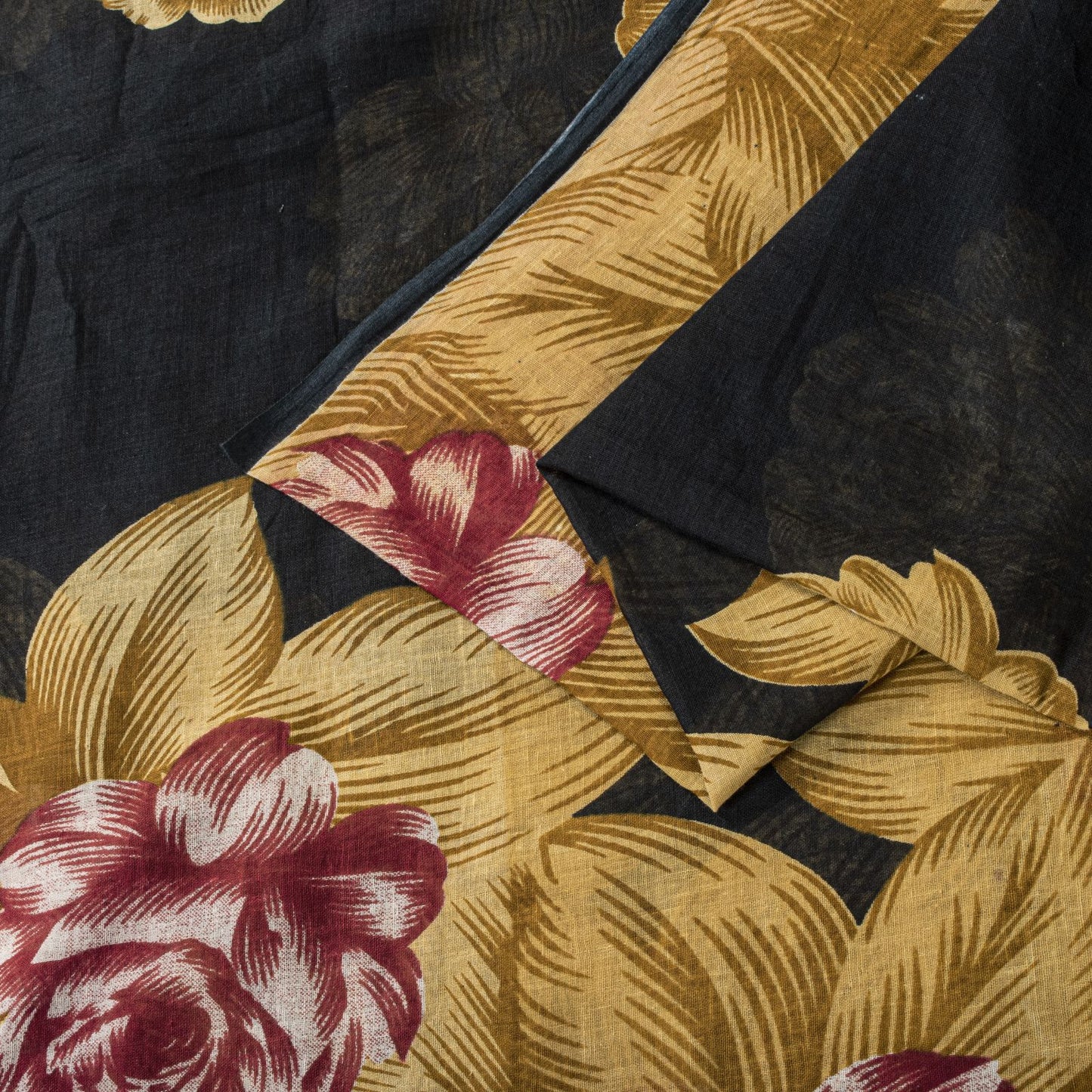 Sanskriti Vintage Saree Black Pure Cotton Digital Print Floral Sari 5+YD Fabric