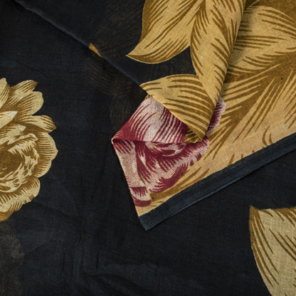 Sanskriti Vintage Saree Black Pure Cotton Digital Print Floral Sari 5+YD Fabric