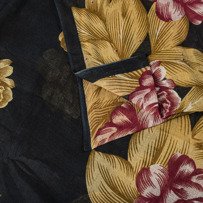 Sanskriti Vintage Saree Black Pure Cotton Digital Print Floral Sari 5+YD Fabric