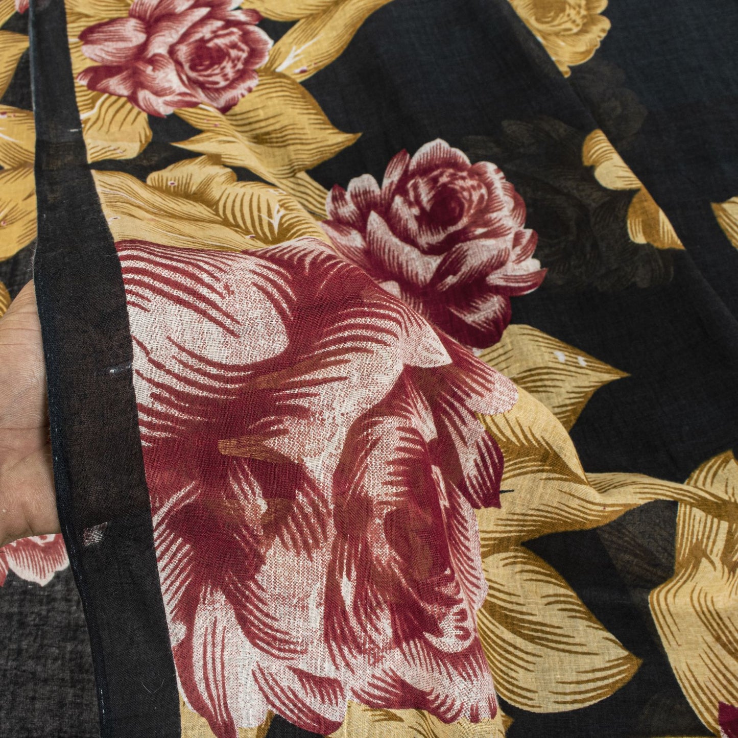 Sanskriti Vintage Saree Black Pure Cotton Digital Print Floral Sari 5+YD Fabric