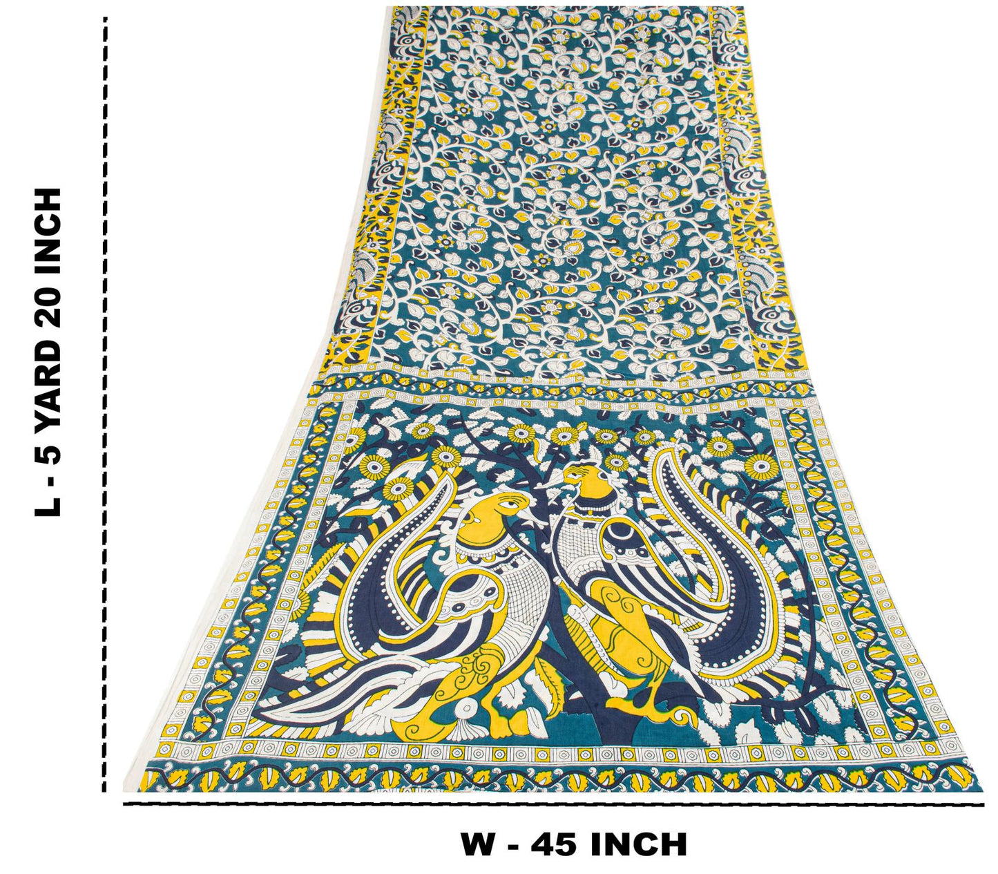 Sanskriti Vintage Saree Blue Pure Cotton Handmade Kalamkari Peacock Sari 5.5+YD Craft Sewing Fabric