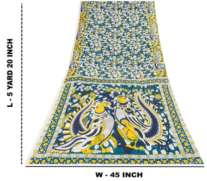 Sanskriti Vintage Saree Blue Pure Cotton Handmade Kalamkari Peacock Sari 5.5+YD Craft Sewing Fabric