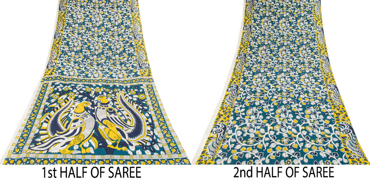 Sanskriti Vintage Saree Blue Pure Cotton Handmade Kalamkari Peacock Sari 5.5+YD Craft Sewing Fabric