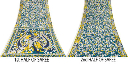 Sanskriti Vintage Saree Blue Pure Cotton Handmade Kalamkari Peacock Sari 5.5+YD Craft Sewing Fabric