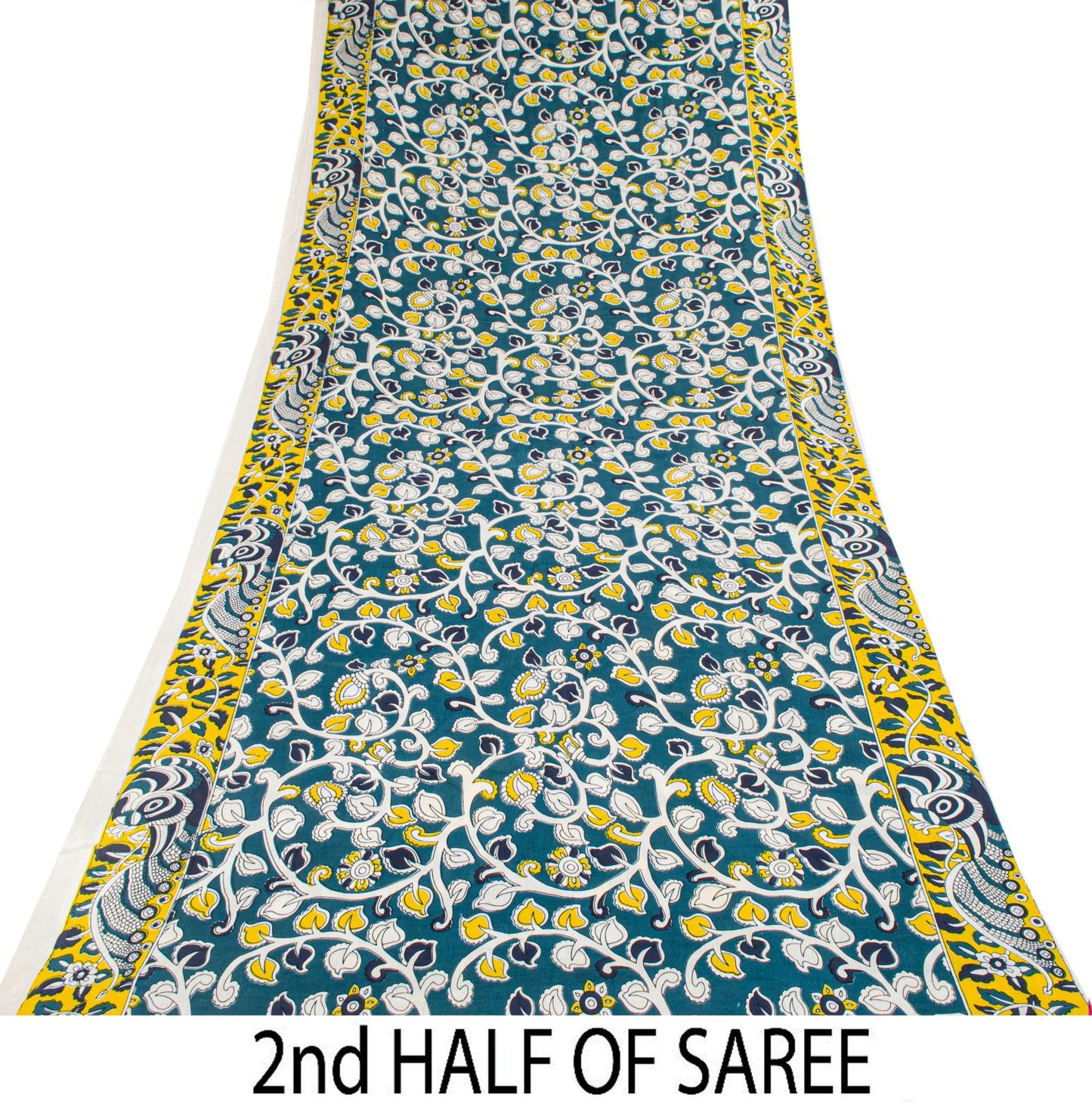 Sanskriti Vintage Saree Blue Pure Cotton Handmade Kalamkari Peacock Sari 5.5+YD Craft Sewing Fabric