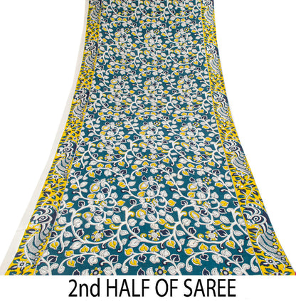 Sanskriti Vintage Saree Blue Pure Cotton Handmade Kalamkari Peacock Sari 5.5+YD Craft Sewing Fabric