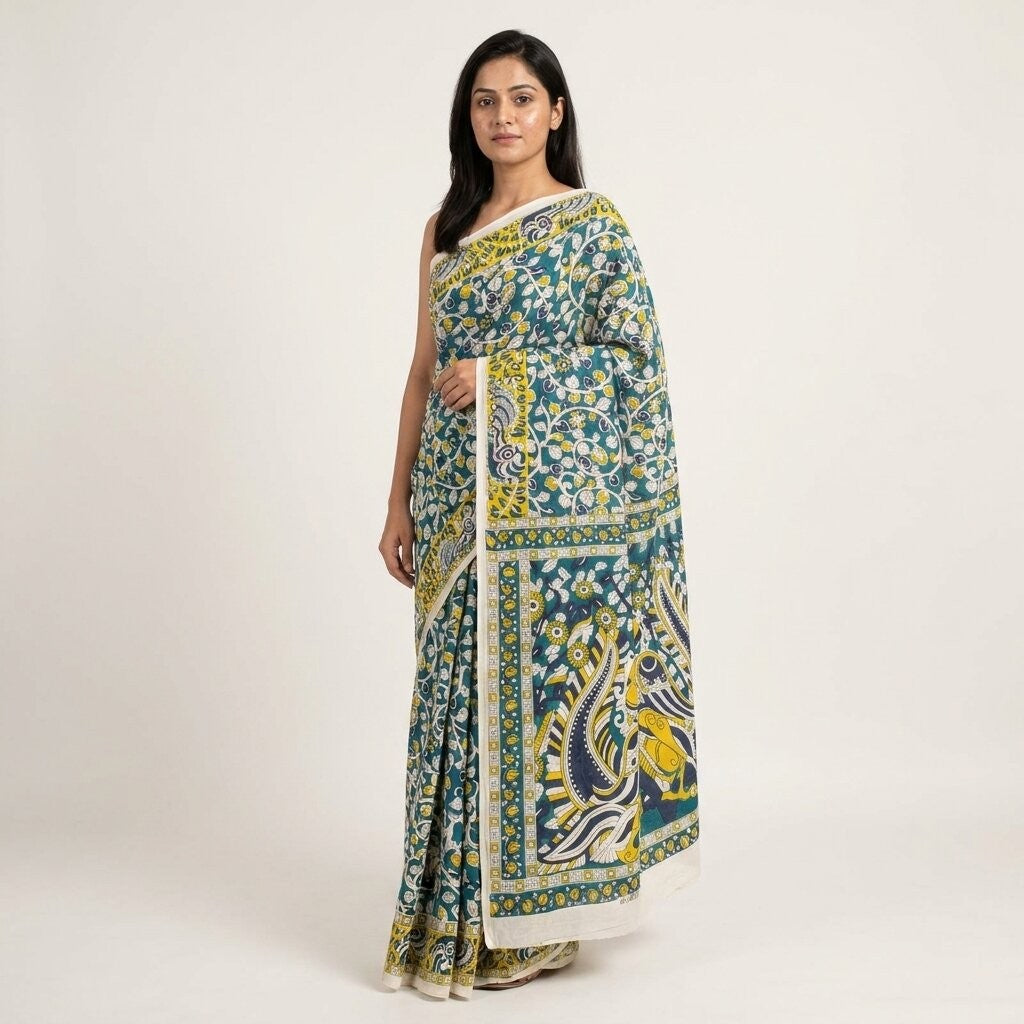 Sanskriti Vintage Saree Blue Pure Cotton Handmade Kalamkari Peacock Sari 5.5+YD Craft Sewing Fabric