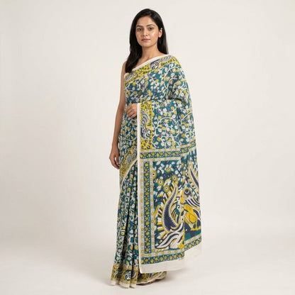 Sanskriti Vintage Saree Blue Pure Cotton Handmade Kalamkari Peacock Sari 5.5+YD Craft Sewing Fabric