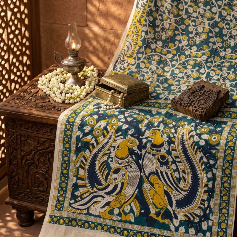 Sanskriti Vintage Saree Blue Pure Cotton Handmade Kalamkari Peacock Sari 5.5+YD Craft Sewing Fabric