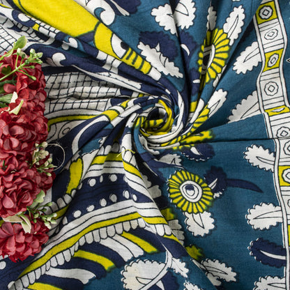 Sanskriti Vintage Saree Blue Pure Cotton Handmade Kalamkari Peacock Sari 5.5+YD Craft Sewing Fabric