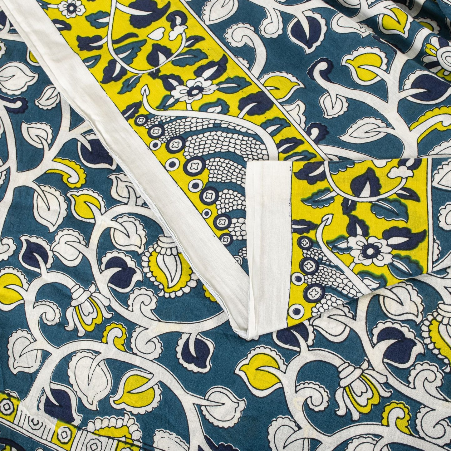 Sanskriti Vintage Saree Blue Pure Cotton Handmade Kalamkari Peacock Sari 5.5+YD Craft Sewing Fabric