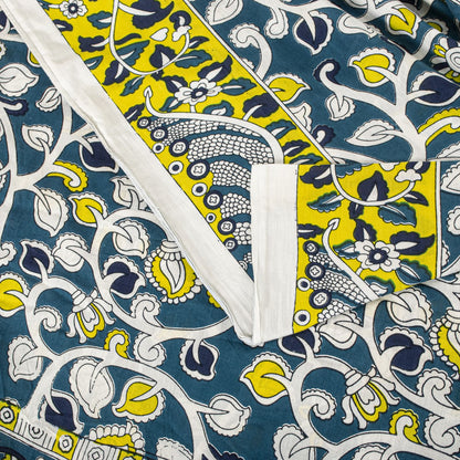 Sanskriti Vintage Saree Blue Pure Cotton Handmade Kalamkari Peacock Sari 5.5+YD Craft Sewing Fabric