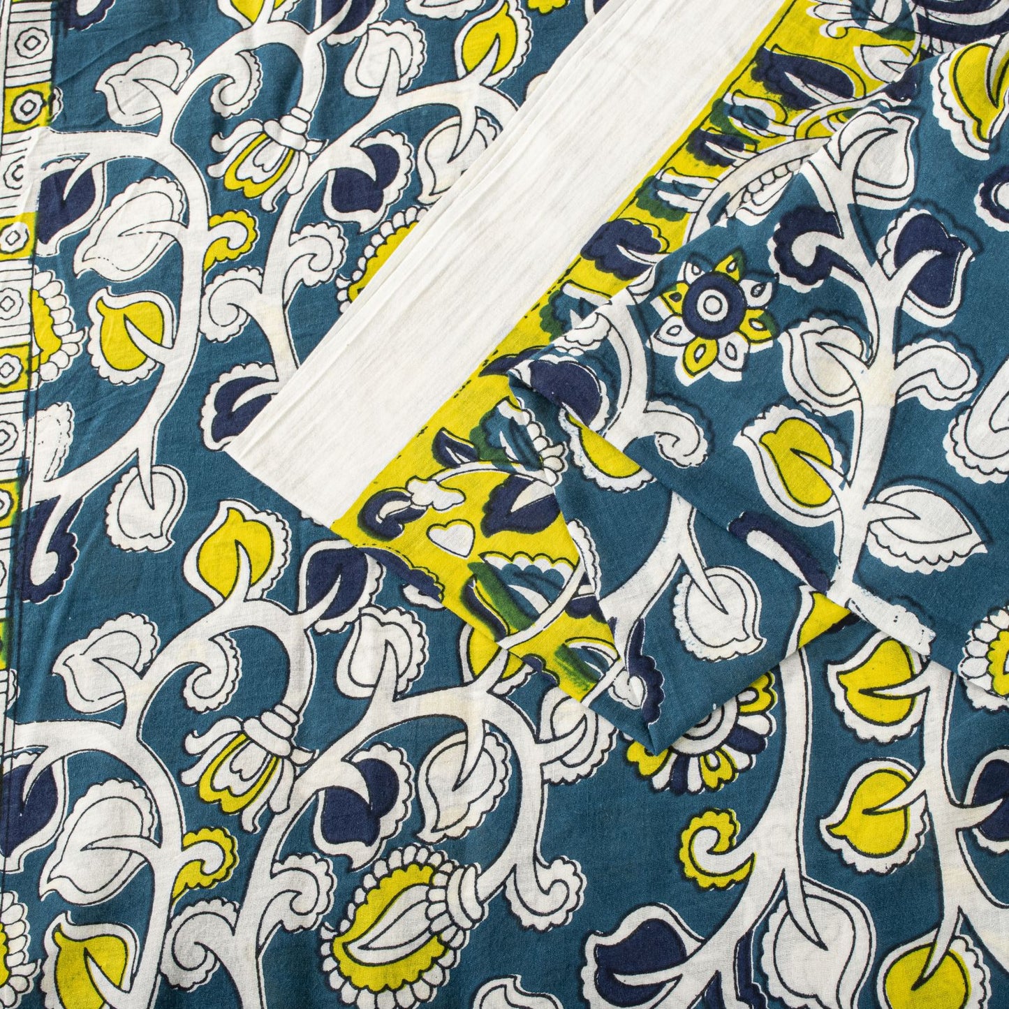 Sanskriti Vintage Saree Blue Pure Cotton Handmade Kalamkari Peacock Sari 5.5+YD Craft Sewing Fabric