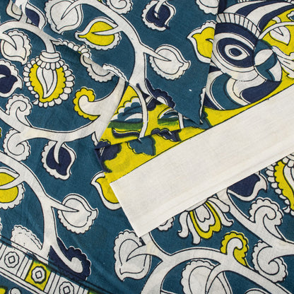 Sanskriti Vintage Saree Blue Pure Cotton Handmade Kalamkari Peacock Sari 5.5+YD Craft Sewing Fabric