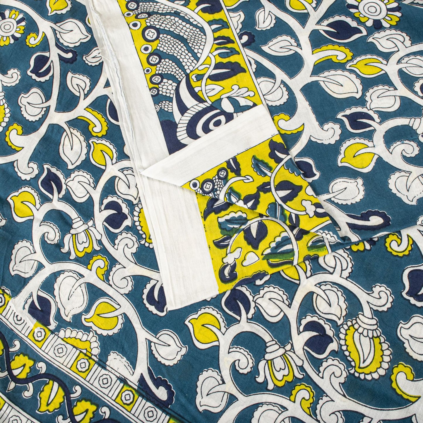 Sanskriti Vintage Saree Blue Pure Cotton Handmade Kalamkari Peacock Sari 5.5+YD Craft Sewing Fabric