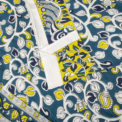 Sanskriti Vintage Saree Blue Pure Cotton Handmade Kalamkari Peacock Sari 5.5+YD Craft Sewing Fabric
