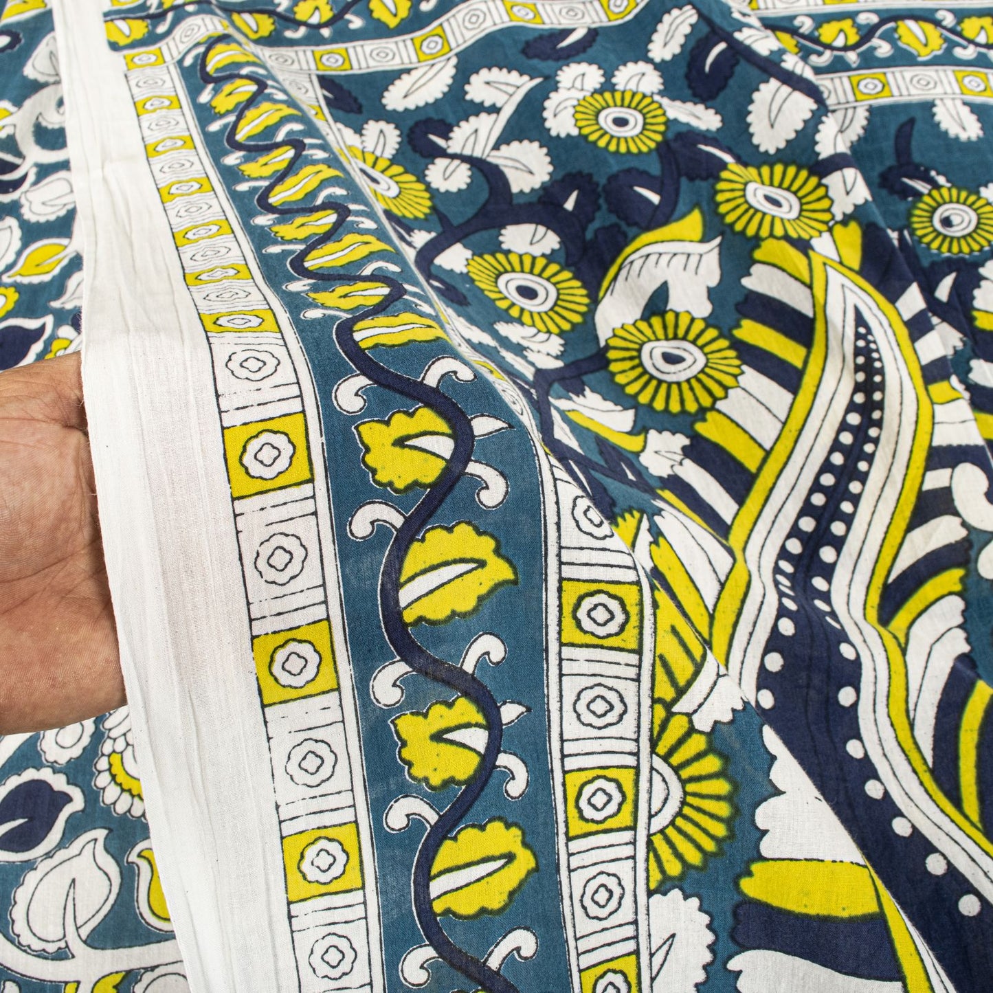 Sanskriti Vintage Saree Blue Pure Cotton Handmade Kalamkari Peacock Sari 5.5+YD Craft Sewing Fabric