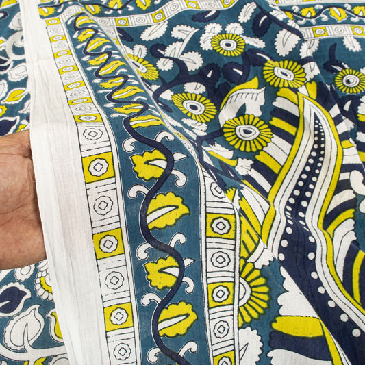 Sanskriti Vintage Saree Blue Pure Cotton Handmade Kalamkari Peacock Sari 5.5+YD Craft Sewing Fabric