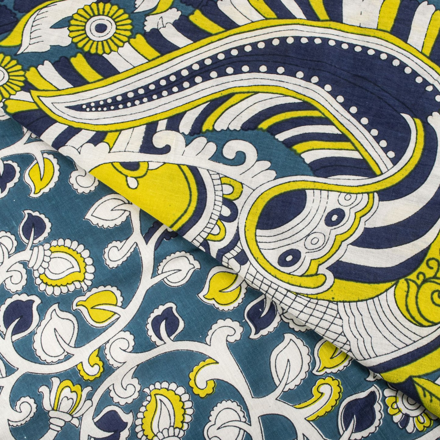 Sanskriti Vintage Saree Blue Pure Cotton Handmade Kalamkari Peacock Sari 5.5+YD Craft Sewing Fabric