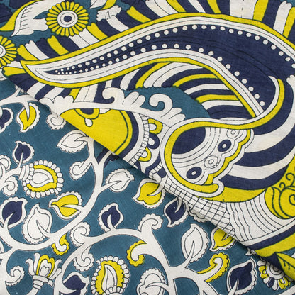 Sanskriti Vintage Saree Blue Pure Cotton Handmade Kalamkari Peacock Sari 5.5+YD Craft Sewing Fabric