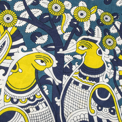 Sanskriti Vintage Saree Blue Pure Cotton Handmade Kalamkari Peacock Sari 5.5+YD Craft Sewing Fabric