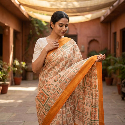Sanskriti Vintage Saree Peach Pure Cotton Ikat Printed Sari Craft Fabric 5+Yard