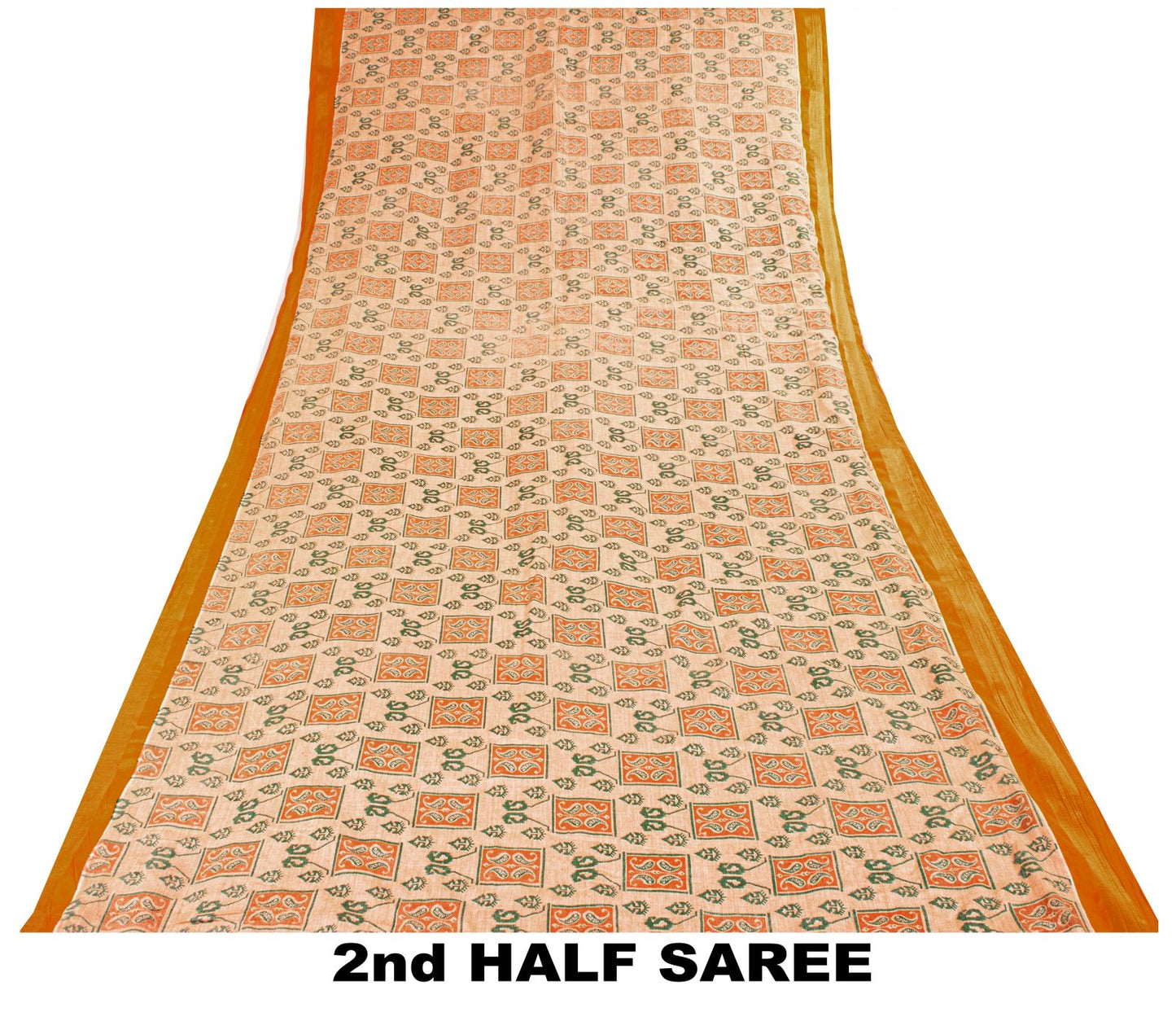 Sanskriti Vintage Saree Peach Pure Cotton Ikat Printed Sari Craft Fabric 5+Yard