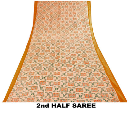Sanskriti Vintage Saree Peach Pure Cotton Ikat Printed Sari Craft Fabric 5+Yard
