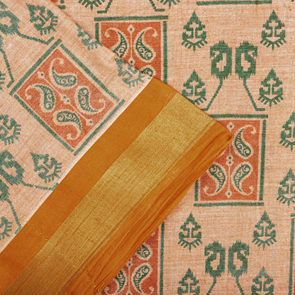 Sanskriti Vintage Saree Peach Pure Cotton Ikat Printed Sari Craft Fabric 5+Yard