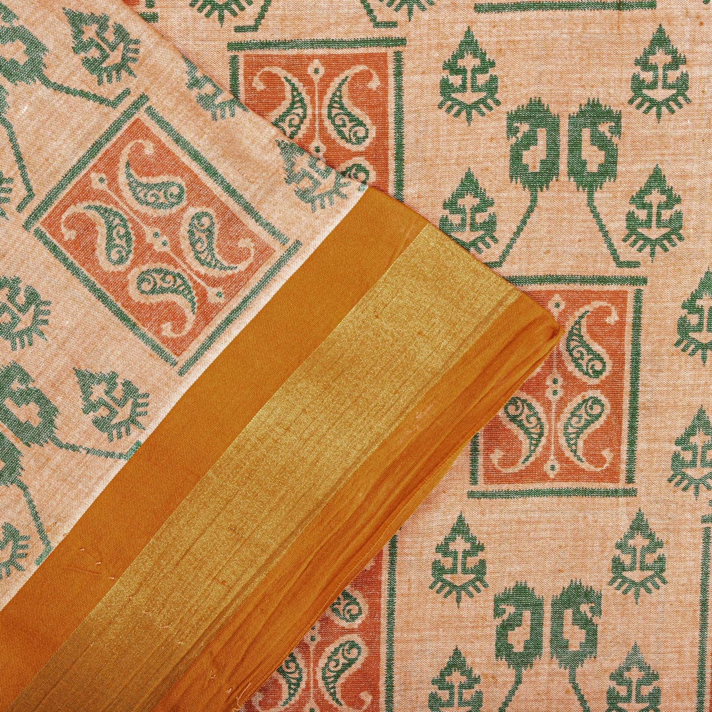 Sanskriti Vintage Saree Peach Pure Cotton Ikat Printed Sari Craft Fabric 5+Yard