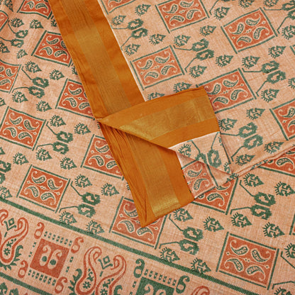 Sanskriti Vintage Saree Peach Pure Cotton Ikat Printed Sari Craft Fabric 5+Yard