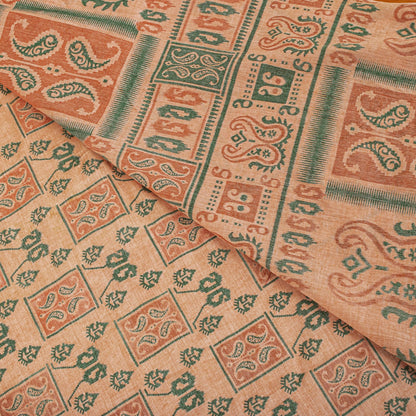 Sanskriti Vintage Saree Peach Pure Cotton Ikat Printed Sari Craft Fabric 5+Yard