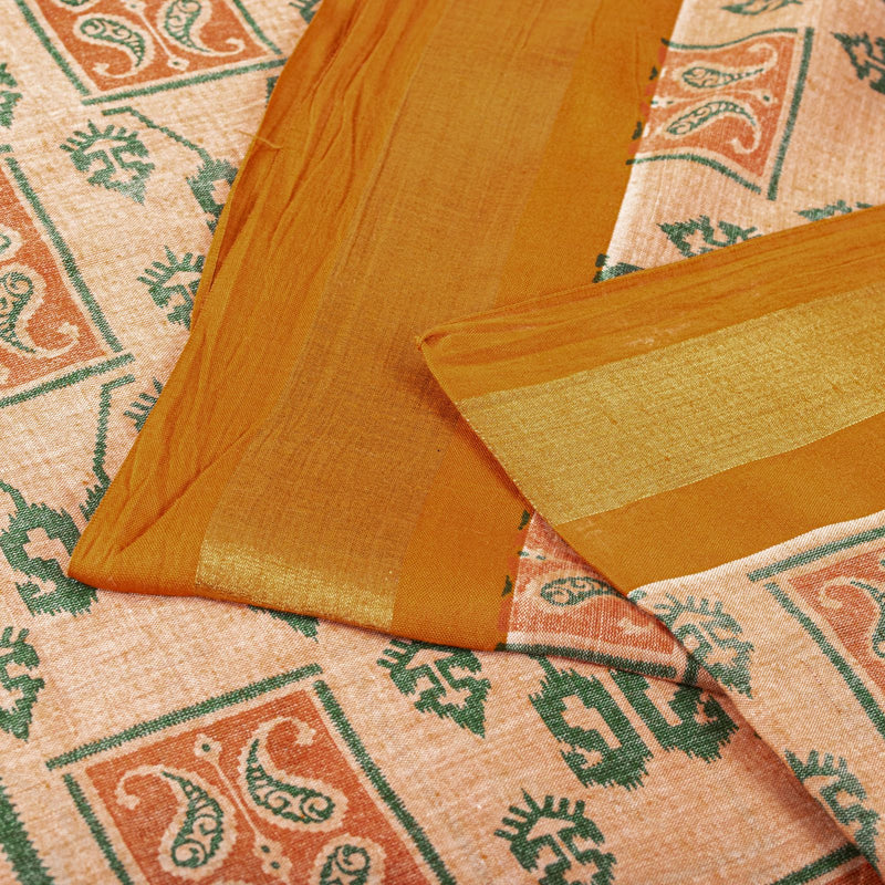 Sanskriti Vintage Saree Peach Pure Cotton Ikat Printed Sari Craft Fabric 5+Yard