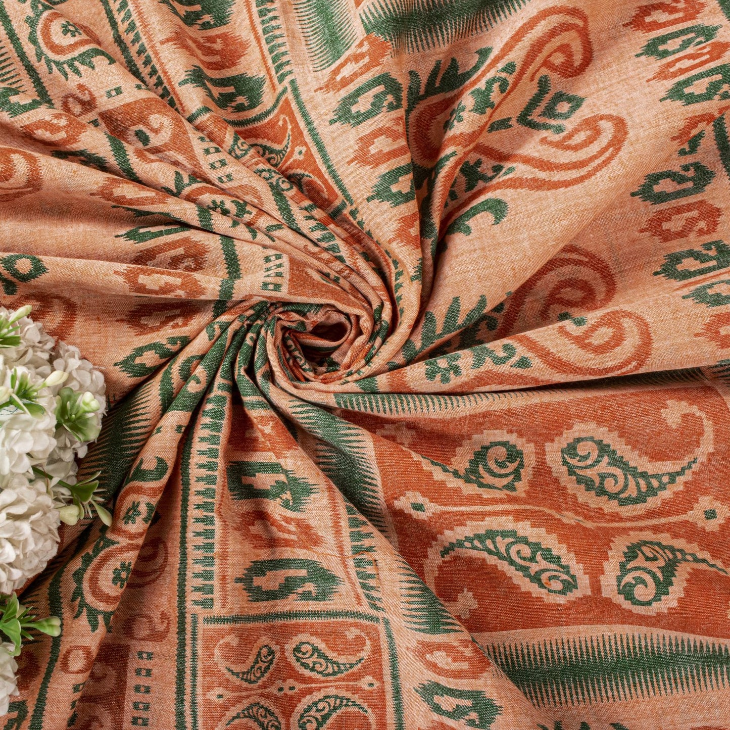 Sanskriti Vintage Saree Peach Pure Cotton Ikat Printed Sari Craft Fabric 5+Yard