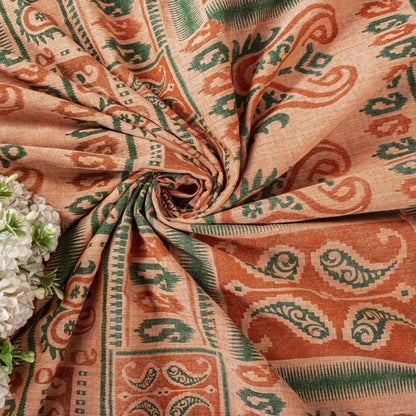 Sanskriti Vintage Saree Peach Pure Cotton Ikat Printed Sari Craft Fabric 5+Yard