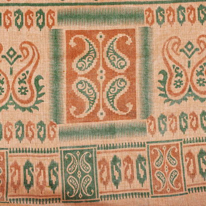 Sanskriti Vintage Saree Peach Pure Cotton Ikat Printed Sari Craft Fabric 5+Yard