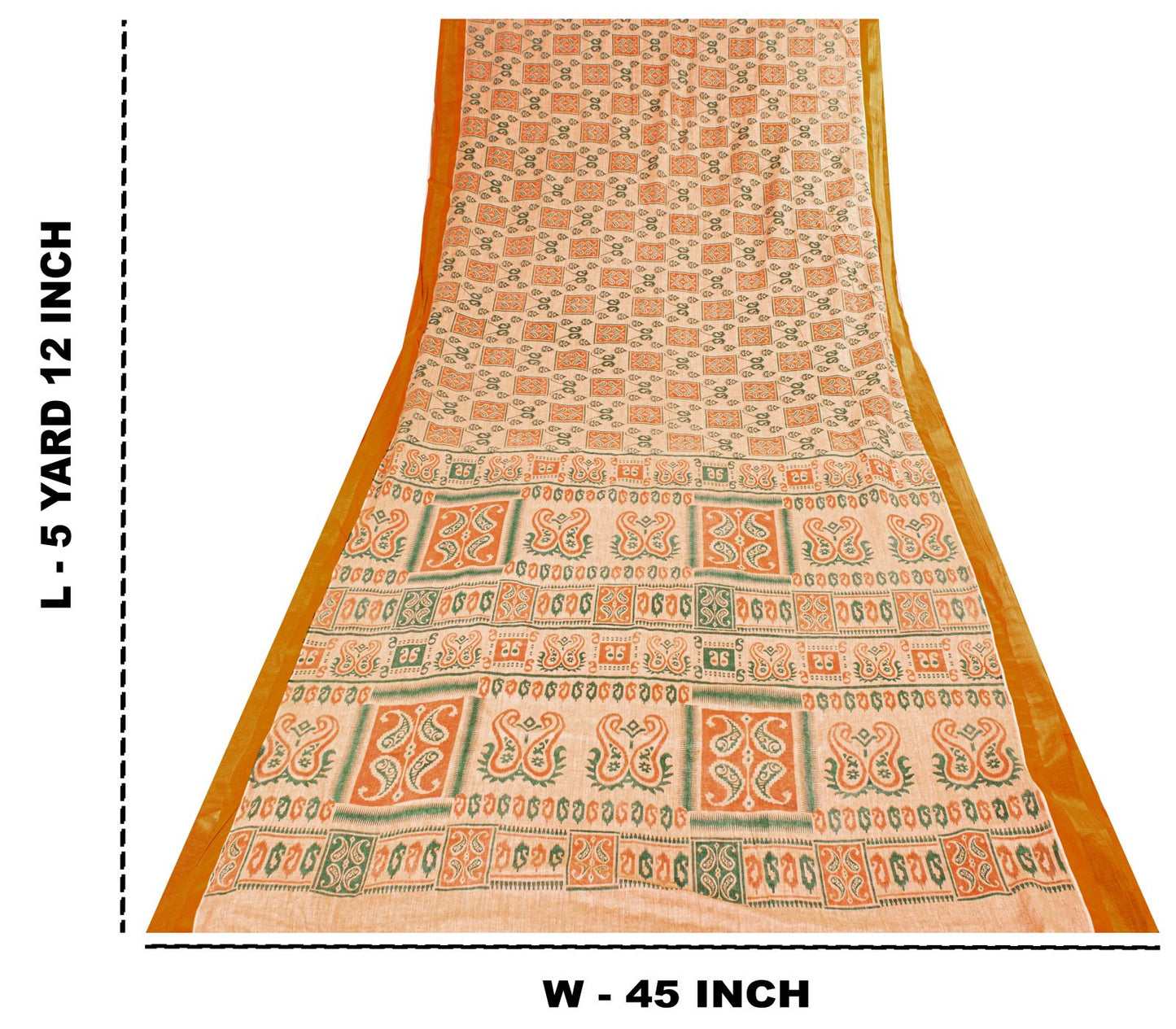 Sanskriti Vintage Saree Peach Pure Cotton Ikat Printed Sari Craft Fabric 5+Yard