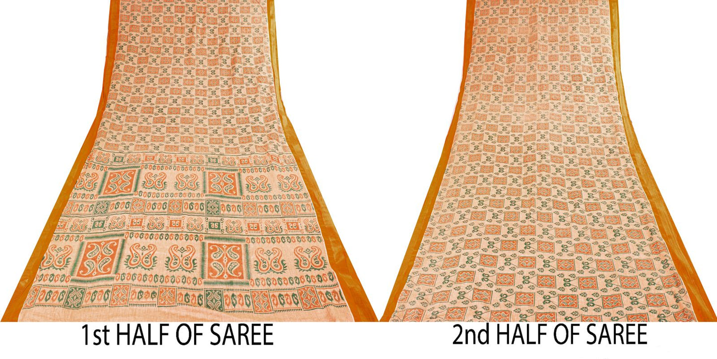 Sanskriti Vintage Saree Peach Pure Cotton Ikat Printed Sari Craft Fabric 5+Yard