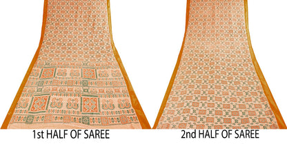 Sanskriti Vintage Saree Peach Pure Cotton Ikat Printed Sari Craft Fabric 5+Yard