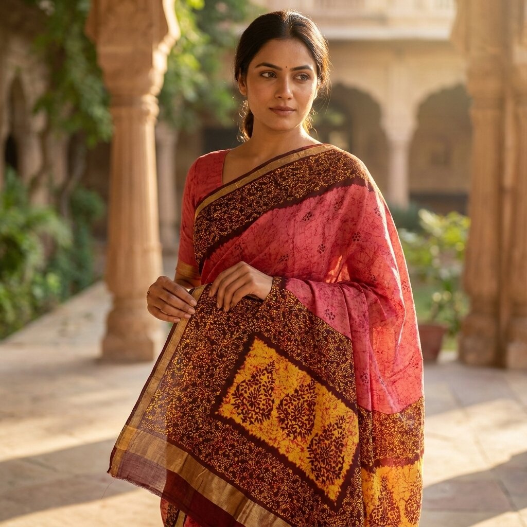 Sanskriti Vintage Saree Red Pure Cotton Batik Style Printed Sari Fabric 5+Yard