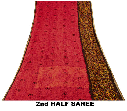 Sanskriti Vintage Saree Red Pure Cotton Batik Style Printed Sari Fabric 5+Yard