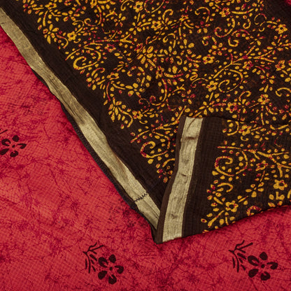 Sanskriti Vintage Saree Red Pure Cotton Batik Style Printed Sari Fabric 5+Yard